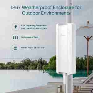 TP-Link EAP650-Outdoor front view with antennas Back view showing dual Ethernet ports EAP650-Outdoor mounted on a pole outdoors Diagram of Omada SDN cloud management interface Waterproof IP67 rating badge on AP casing Campus mesh WiFi coverage using EAP650 series