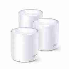 TP-Link Deco X20 Mesh 3-Pack Front View Deco X20 units on a wooden desk Whole-home mesh WiFi setup in living room Deco App setup screen on mobile Deco X20 WiFi 6 performance chart AX1800 speed coverage diagram