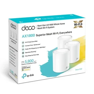 TP-Link Deco X20 Mesh 3-Pack Front View Deco X20 units on a wooden desk Whole-home mesh WiFi setup in living room Deco App setup screen on mobile Deco X20 WiFi 6 performance chart AX1800 speed coverage diagram