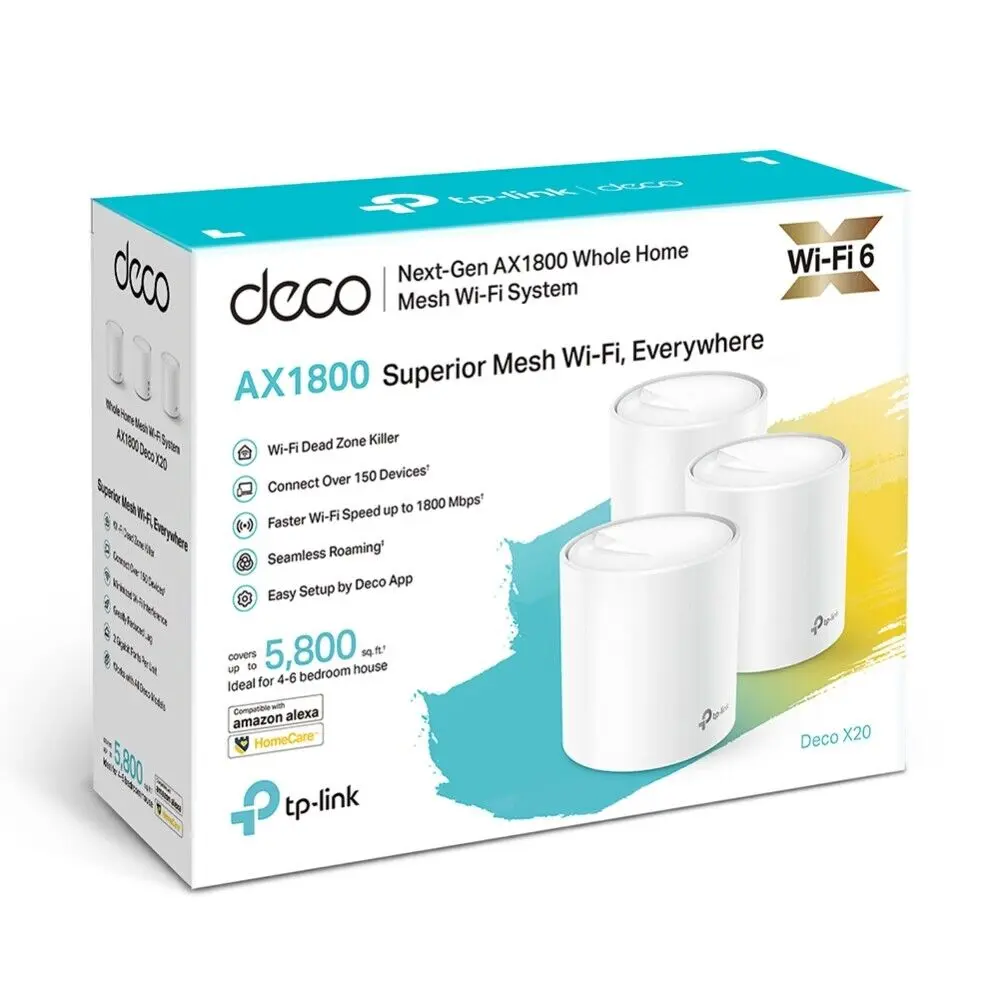 TP-Link Deco X20 Mesh 3-Pack Front View Deco X20 units on a wooden desk Whole-home mesh WiFi setup in living room Deco App setup screen on mobile Deco X20 WiFi 6 performance chart AX1800 speed coverage diagram