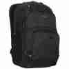 Front view of the Targus Classic 16″ EcoSmart® backpack in black Side view showing water bottle pocket and trolley strap Interior view with padded laptop compartment and book divider Close-up of anti-theft lockable zipper pull Adjustable padded shoulder straps and reinforced handle Backpack on suitcase handle via trolley strap
