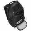 Front view of the Targus Classic 16″ EcoSmart® backpack in black Side view showing water bottle pocket and trolley strap Interior view with padded laptop compartment and book divider Close-up of anti-theft lockable zipper pull Adjustable padded shoulder straps and reinforced handle Backpack on suitcase handle via trolley strap