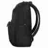 Front view of the Targus Classic 16″ EcoSmart® backpack in black Side view showing water bottle pocket and trolley strap Interior view with padded laptop compartment and book divider Close-up of anti-theft lockable zipper pull Adjustable padded shoulder straps and reinforced handle Backpack on suitcase handle via trolley strap