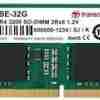 Front view of Transcend DDR4 32GB 3200 MHz SODIMM Side profile showing memory contacts of Transcend RAM Close-up of Transcend RAM label with model and specs Installed Transcend RAM in a laptop memory slot Transcend package with memory module visible Angled shot of Transcend DDR4 RAM module