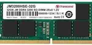 Front view of Transcend DDR4 32GB 3200 MHz SODIMM Side profile showing memory contacts of Transcend RAM Close-up of Transcend RAM label with model and specs Installed Transcend RAM in a laptop memory slot Transcend package with memory module visible Angled shot of Transcend DDR4 RAM module