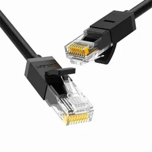 UGREEN Cat6 15m Ethernet cable full view RJ45 connector close-up Gold-plated contact pins Cable in use with Wi-Fi router UGREEN NW102 packaging box Black Cat6 cable coiled layout
