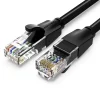 UGREEN Cat6 15m Ethernet cable full view RJ45 connector close-up Gold-plated contact pins Cable in use with Wi-Fi router UGREEN NW102 packaging box Black Cat6 cable coiled layout