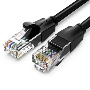 UGREEN Cat6 15m Ethernet cable full view RJ45 connector close-up Gold-plated contact pins Cable in use with Wi-Fi router UGREEN NW102 packaging box Black Cat6 cable coiled layout