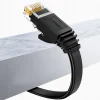 UGREEN Cat6 15m Ethernet cable full view RJ45 connector close-up Gold-plated contact pins Cable in use with Wi-Fi router UGREEN NW102 packaging box Black Cat6 cable coiled layout