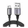 UGREEN USB-A to USB-C Cable 2m full view Close-up of USB-A 3.0 connector Nickel-plated USB-C tip for secure connection UGREEN US287 packaging front Cable plugged into phone for charging Durable black cable coiled neatly