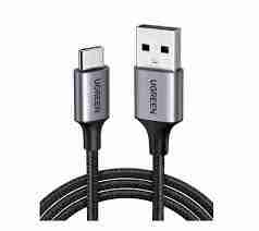 UGREEN USB-A to USB-C Cable 2m full view Close-up of USB-A 3.0 connector Nickel-plated USB-C tip for secure connection UGREEN US287 packaging front Cable plugged into phone for charging Durable black cable coiled neatly