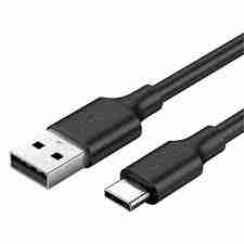 UGREEN USB-A to USB-C Cable 2m full view Close-up of USB-A 3.0 connector Nickel-plated USB-C tip for secure connection UGREEN US287 packaging front Cable plugged into phone for charging Durable black cable coiled neatly