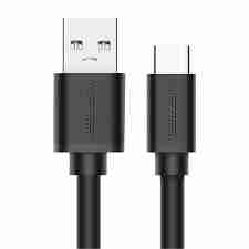 UGREEN USB-A to USB-C Cable 2m full view Close-up of USB-A 3.0 connector Nickel-plated USB-C tip for secure connection UGREEN US287 packaging front Cable plugged into phone for charging Durable black cable coiled neatly
