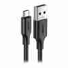 UGREEN USB-A to USB-C Cable 2m full view Close-up of USB-A 3.0 connector Nickel-plated USB-C tip for secure connection UGREEN US287 packaging front Cable plugged into phone for charging Durable black cable coiled neatly