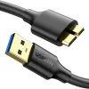 UGREEN USB 3.0 to Micro USB 3.0 Cable full length USB-A 3.0 connector close-up Micro USB 3.0 Male (Micro-B) tip close-up Cable connected to external hard drive UGREEN US130 retail packaging Black 1-meter UGREEN data cable coiled