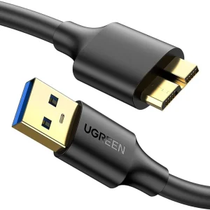 UGREEN USB 3.0 to Micro USB 3.0 Cable full length USB-A 3.0 connector close-up Micro USB 3.0 Male (Micro-B) tip close-up Cable connected to external hard drive UGREEN US130 retail packaging Black 1-meter UGREEN data cable coiled