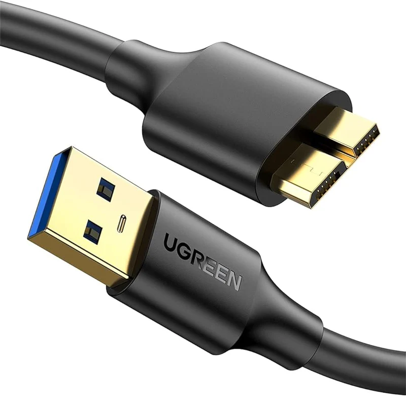 UGREEN USB 3.0 to Micro USB 3.0 Cable full length USB-A 3.0 connector close-up Micro USB 3.0 Male (Micro-B) tip close-up Cable connected to external hard drive UGREEN US130 retail packaging Black 1-meter UGREEN data cable coiled