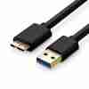 UGREEN USB 3.0 to Micro USB 3.0 Cable full length USB-A 3.0 connector close-up Micro USB 3.0 Male (Micro-B) tip close-up Cable connected to external hard drive UGREEN US130 retail packaging Black 1-meter UGREEN data cable coiled