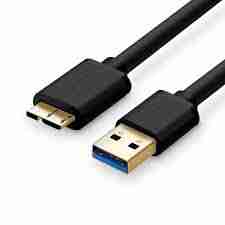 UGREEN USB 3.0 to Micro USB 3.0 Cable full length USB-A 3.0 connector close-up Micro USB 3.0 Male (Micro-B) tip close-up Cable connected to external hard drive UGREEN US130 retail packaging Black 1-meter UGREEN data cable coiled