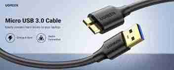 UGREEN USB 3.0 to Micro USB 3.0 Cable full length USB-A 3.0 connector close-up Micro USB 3.0 Male (Micro-B) tip close-up Cable connected to external hard drive UGREEN US130 retail packaging Black 1-meter UGREEN data cable coiled