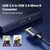 UGREEN USB 3.0 to Micro USB 3.0 Cable full length USB-A 3.0 connector close-up Micro USB 3.0 Male (Micro-B) tip close-up Cable connected to external hard drive UGREEN US130 retail packaging Black 1-meter UGREEN data cable coiled