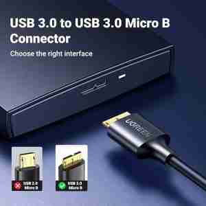 UGREEN USB 3.0 to Micro USB 3.0 Cable full length USB-A 3.0 connector close-up Micro USB 3.0 Male (Micro-B) tip close-up Cable connected to external hard drive UGREEN US130 retail packaging Black 1-meter UGREEN data cable coiled