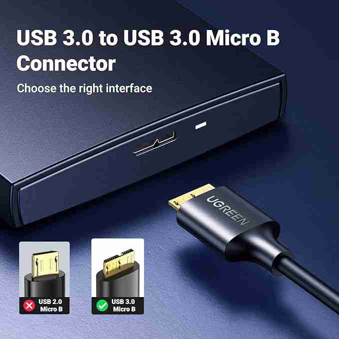 UGREEN USB 3.0 to Micro USB 3.0 Cable full length USB-A 3.0 connector close-up Micro USB 3.0 Male (Micro-B) tip close-up Cable connected to external hard drive UGREEN US130 retail packaging Black 1-meter UGREEN data cable coiled