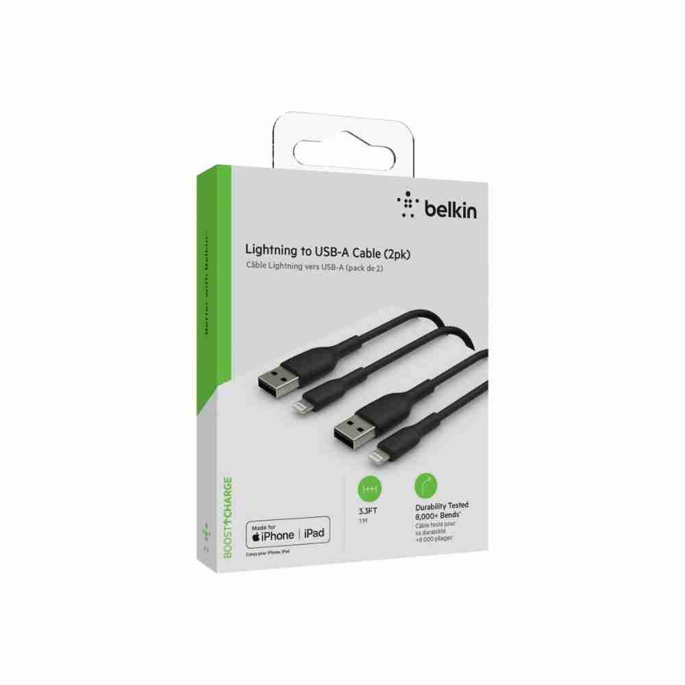 BELKIN BOOST CHARGE LIGHTNING TO USB-A CABLE (3.3', BLACK, 2-PACK) CAA001bt1MBK2PK