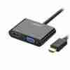 UGREEN CM101 HDMI to VGA+HDMI converter front view Dual output converter showing HDMI and VGA ports 3.5 mm audio jack on UGREEN CM101 Converter connected to a laptop, TV, and VGA monitor UGREEN CM101 compact design on desk Product packaging of UGREEN CM101 converter
