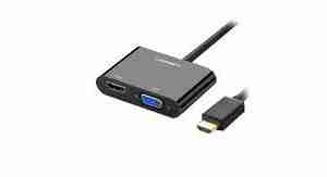 UGREEN CM101 HDMI to VGA+HDMI converter front view Dual output converter showing HDMI and VGA ports 3.5 mm audio jack on UGREEN CM101 Converter connected to a laptop, TV, and VGA monitor UGREEN CM101 compact design on desk Product packaging of UGREEN CM101 converter