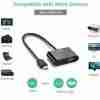 UGREEN CM101 HDMI to VGA+HDMI converter front view Dual output converter showing HDMI and VGA ports 3.5 mm audio jack on UGREEN CM101 Converter connected to a laptop, TV, and VGA monitor UGREEN CM101 compact design on desk Product packaging of UGREEN CM101 converter