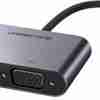 UGREEN CM162 4-in-1 USB-C adapter showing HDMI, VGA, USB-A, and USB-C ports Close-up view of USB-C input cable and sleek aluminum finish Adapter connected to a laptop with HDMI and USB in use Side angle showing all available ports Top-down view highlighting compact size and layout Product with packaging showing model number and specifications