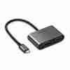 UGREEN CM162 4-in-1 USB-C adapter showing HDMI, VGA, USB-A, and USB-C ports Close-up view of USB-C input cable and sleek aluminum finish Adapter connected to a laptop with HDMI and USB in use Side angle showing all available ports Top-down view highlighting compact size and layout Product with packaging showing model number and specifications