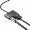 UGREEN CM162 4-in-1 USB-C adapter showing HDMI, VGA, USB-A, and USB-C ports Close-up view of USB-C input cable and sleek aluminum finish Adapter connected to a laptop with HDMI and USB in use Side angle showing all available ports Top-down view highlighting compact size and layout Product with packaging showing model number and specifications