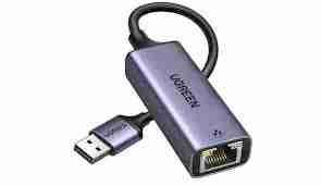 UGREEN CM209 USB 3.0 to RJ45 Ethernet adapter angled view USB-A male connector on UGREEN Gigabit adapter UGREEN CM209 plugged into laptop for wired network access UGREEN 50922 Ethernet adapter with LED indicators Close-up of RJ45 Ethernet port on UGREEN USB adapter Packaging of UGREEN USB to Gigabit Ethernet Adapter CM209