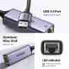 UGREEN CM209 USB 3.0 to RJ45 Ethernet adapter angled view USB-A male connector on UGREEN Gigabit adapter UGREEN CM209 plugged into laptop for wired network access UGREEN 50922 Ethernet adapter with LED indicators Close-up of RJ45 Ethernet port on UGREEN USB adapter Packaging of UGREEN USB to Gigabit Ethernet Adapter CM209