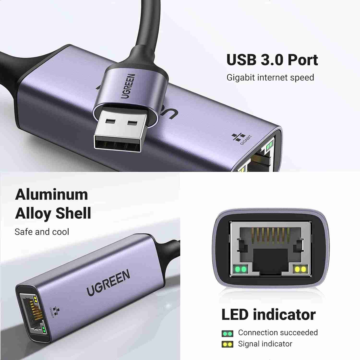 UGREEN CM209 USB 3.0 to RJ45 Ethernet adapter angled view USB-A male connector on UGREEN Gigabit adapter UGREEN CM209 plugged into laptop for wired network access UGREEN 50922 Ethernet adapter with LED indicators Close-up of RJ45 Ethernet port on UGREEN USB adapter Packaging of UGREEN USB to Gigabit Ethernet Adapter CM209