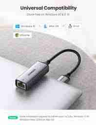 UGREEN CM209 USB 3.0 to RJ45 Ethernet adapter angled view USB-A male connector on UGREEN Gigabit adapter UGREEN CM209 plugged into laptop for wired network access UGREEN 50922 Ethernet adapter with LED indicators Close-up of RJ45 Ethernet port on UGREEN USB adapter Packaging of UGREEN USB to Gigabit Ethernet Adapter CM209