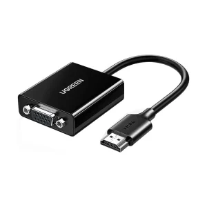 UGREEN CM6101 HDMI to VGA Converter front view UGREEN 90813 connector detail with micro USB port HDMI male to VGA female adapter plugged into a laptop CM6101 HDMI to VGA converter used with projector Close-up of UGREEN VGA adapter without audio Compact UGREEN HDMI to VGA converter with power input