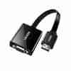 UGREEN CM6101 HDMI to VGA Converter front view UGREEN 90813 connector detail with micro USB port HDMI male to VGA female adapter plugged into a laptop CM6101 HDMI to VGA converter used with projector Close-up of UGREEN VGA adapter without audio Compact UGREEN HDMI to VGA converter with power input