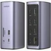 UGREEN CM681 12-in-1 docking station with dual HDMI and DP connected Back view of CM681 showing USB, Ethernet, and charging ports Triple monitor setup using UGREEN docking station with laptop Side view of CM681 PRO dock on modern workstation Product box for UGREEN 90325 USB-C docking station UGREEN USB-C docking station displaying connected accessories