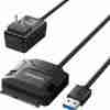 UGREEN CR108 USB 3.0 to SATA adapter with power supply CR108 connected to 3.5” hard drive and desktop UGREEN 20231 adapter cable showing USB and SATA ends Power adapter included with UGREEN SATA to USB cable Real-time data transfer with UGREEN CR108 Retail packaging of UGREEN CR108 adapter kit