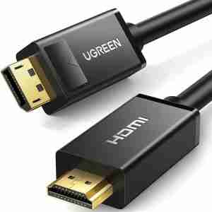 UGREEN DP101 5m DisplayPort to HDMI Cable overview DisplayPort male to HDMI male connector close-up UGREEN 10204 cable plugged into monitor 4K UHD video display using UGREEN DP101 UGREEN DP101 cable in product packaging 5-meter DisplayPort to HDMI cable setup in meeting room