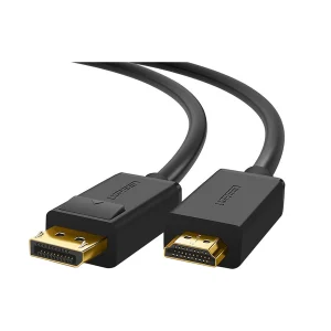 UGREEN DP101 5m DisplayPort to HDMI Cable overview DisplayPort male to HDMI male connector close-up UGREEN 10204 cable plugged into monitor 4K UHD video display using UGREEN DP101 UGREEN DP101 cable in product packaging 5-meter DisplayPort to HDMI cable setup in meeting room