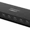 UGREEN HDMI 1‑in‑8‑out splitter front panel with HDMI ports Close-up of output LED indicators on UGREEN 40203 splitter UGREEN splitter connected to eight monitors in retail display setup Side view of metal-housed UGREEN HDMI splitter UGREEN 40203 splitter hooked up to a laptop and projector UGREEN HDMI splitter packaging showing device and accessories
