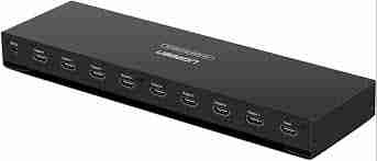 UGREEN HDMI 1‑in‑8‑out splitter front panel with HDMI ports Close-up of output LED indicators on UGREEN 40203 splitter UGREEN splitter connected to eight monitors in retail display setup Side view of metal-housed UGREEN HDMI splitter UGREEN 40203 splitter hooked up to a laptop and projector UGREEN HDMI splitter packaging showing device and accessories