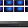 UGREEN HDMI 1‑in‑8‑out splitter front panel with HDMI ports Close-up of output LED indicators on UGREEN 40203 splitter UGREEN splitter connected to eight monitors in retail display setup Side view of metal-housed UGREEN HDMI splitter UGREEN 40203 splitter hooked up to a laptop and projector UGREEN HDMI splitter packaging showing device and accessories