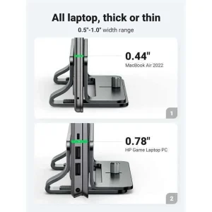 UGREEN LP258 Vertical Laptop Stand side view Adjustable aluminum laptop holder with silicone pads UGREEN 25706 stand holding a closed MacBook Vertical laptop stand on minimalist desk setup Close-up of adjustment knob on UGREEN LP258 Packaging of UGREEN LP258 aluminum vertical stand