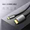 UGREEN MM142 USB-C to HDMI Cable 1.5M in black Close-up of USB-C male and HDMI male connectors UGREEN MM142 connected from laptop to 4K monitor HDMI end of UGREEN Type-C 1.5m cable plugged into TV UGREEN cable used for screen mirroring from MacBook Packaging of UGREEN MM142 USB-C to HDMI 4K cable