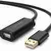 UGREEN US121 20M USB extension cable rolled with reinforced ends Close-up view of UGREEN 10324 chipset USB extension connector UGREEN 20M active extension cable used with printer setup USB-A female end of UGREEN US121 cable on a desk Retail box of UGREEN 20M USB 2.0 active extension cable Extended surveillance system setup using UGREEN US121 20-meter cable